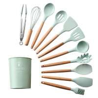 11Pcs Light Green Color Silicone Kitchenware Set with Wooden Handle kitchenware set Cooking Utensil  Heat-Resistant Kitchen tool